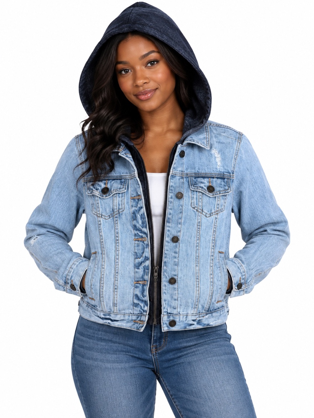 Abercrombie & Fitch 100% cotton hooded distressed blue jean jacket women size S